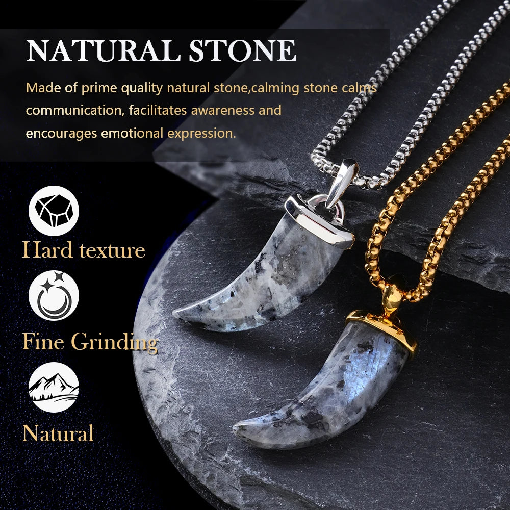Men's Natural Labradorite Wolf Tooth Pendant Necklace