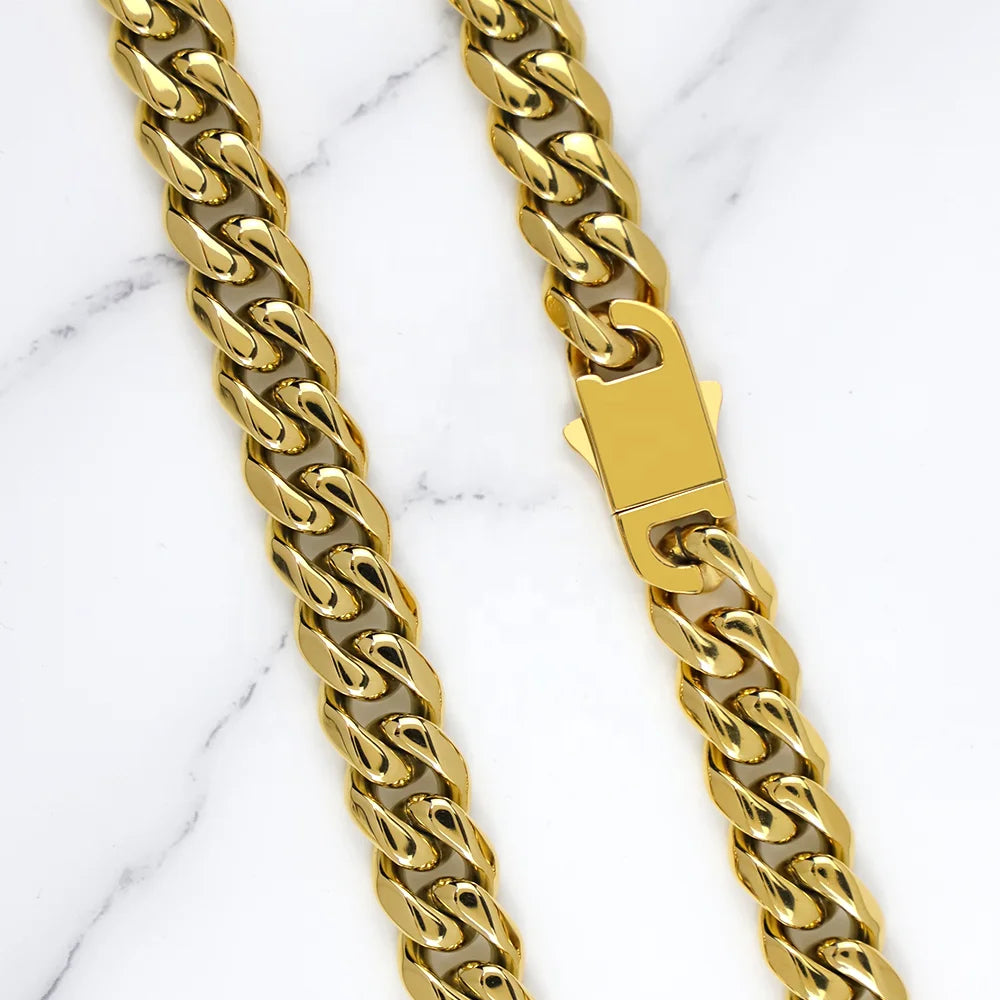 Polished Gold Tone Cuban Link Chain Necklace for Men