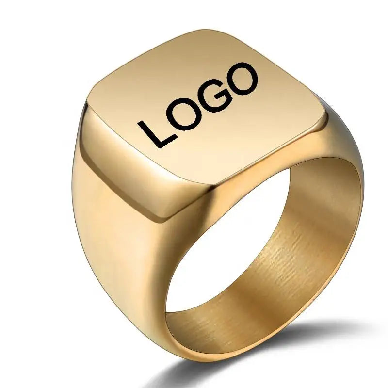 Gold-Plated Stainless Steel Engraved Crown Signet Ring