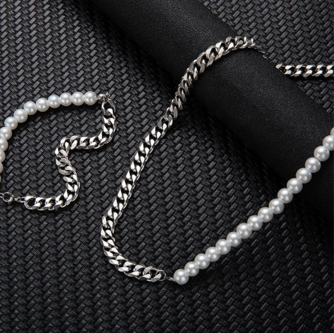 Half Pearl Half Cuban Link Chain Necklace