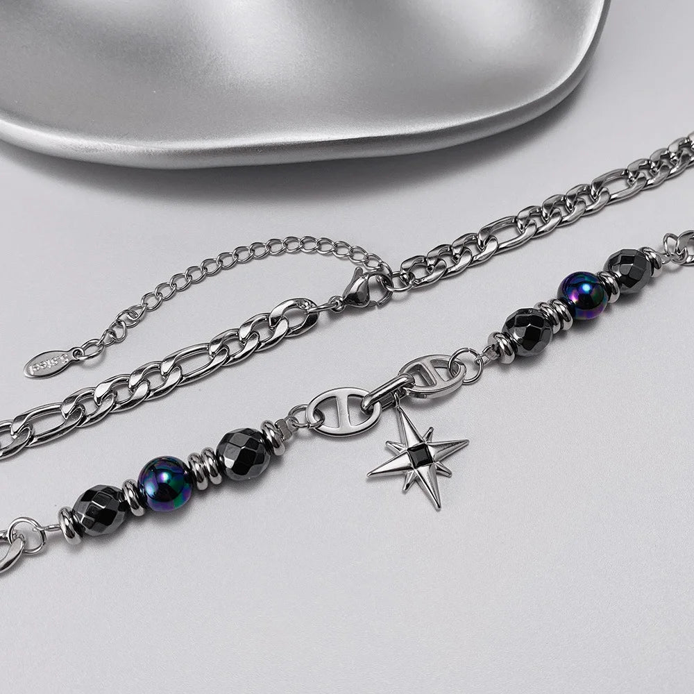 Stainless Steel Figaro Chain with Hematite Star Necklace