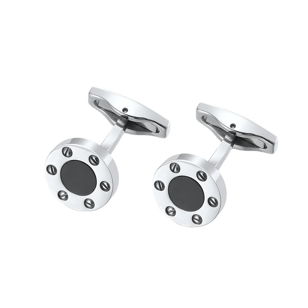 Men's Vintage Screw Detail Round Black Cufflinks