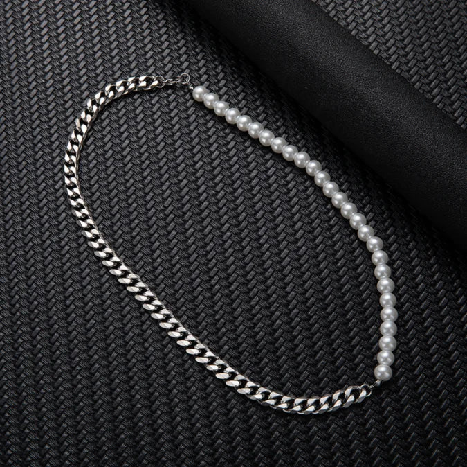 Half Pearl Half Cuban Link Chain Necklace