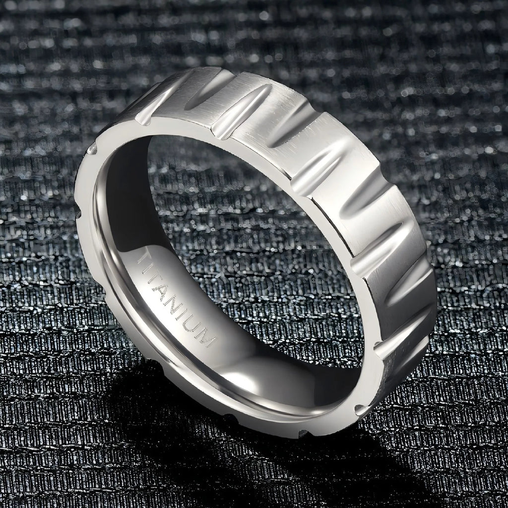Asymmetric Slanted Wheel Pattern Titanium Ring