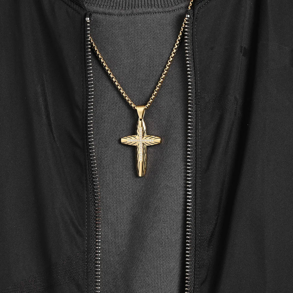Men's Polished Cross Necklace with Engraved Cubic Zirconia