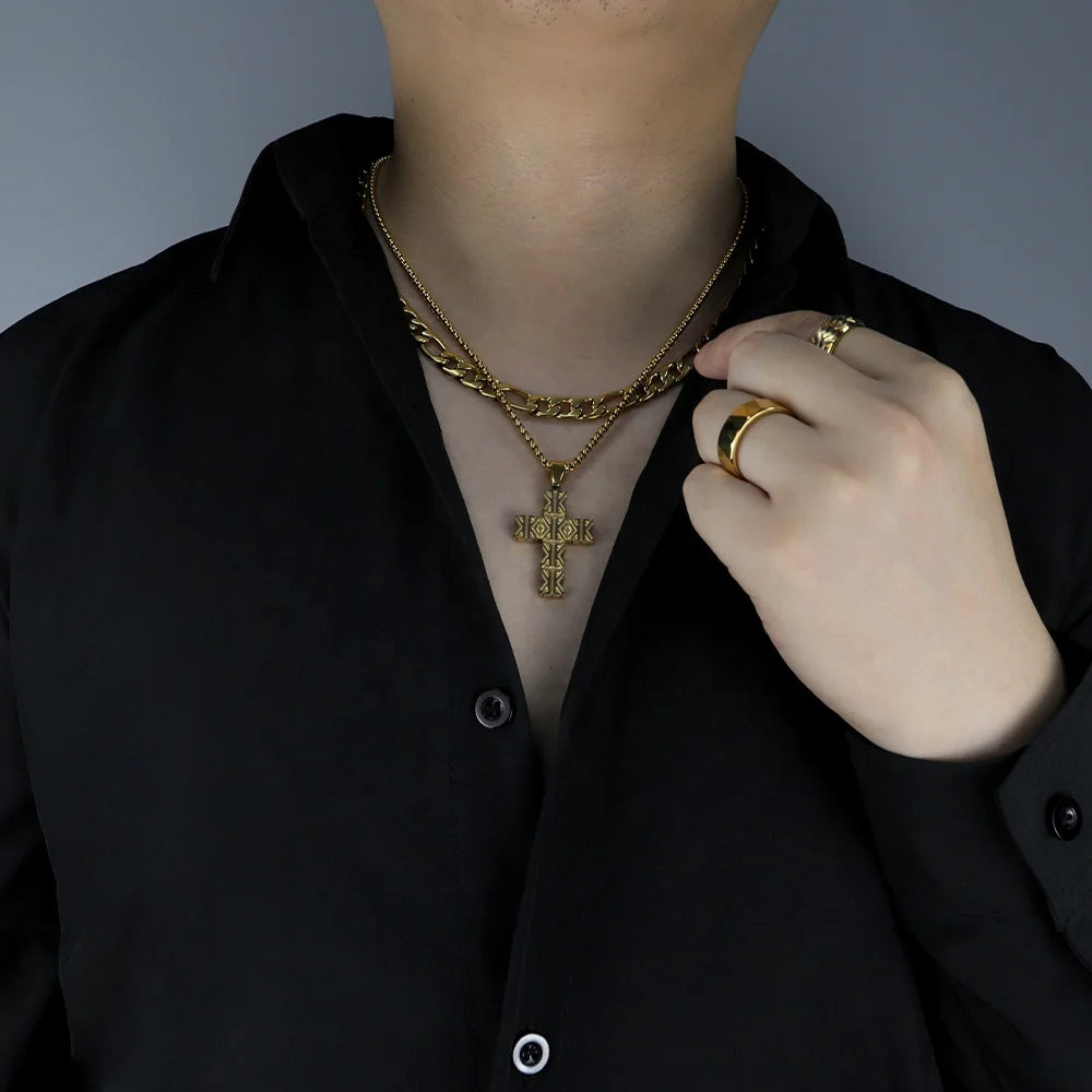 Two-Tone Patterned Cross Pendant Necklace