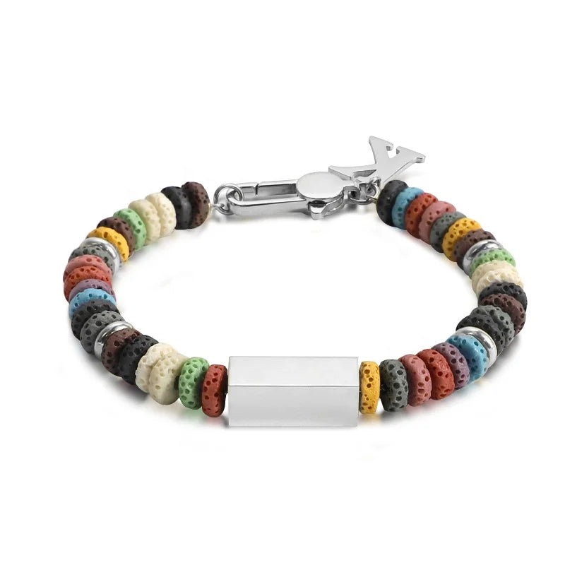 Colorful Volcanic Bead Bracelet with Custom Letter Charm