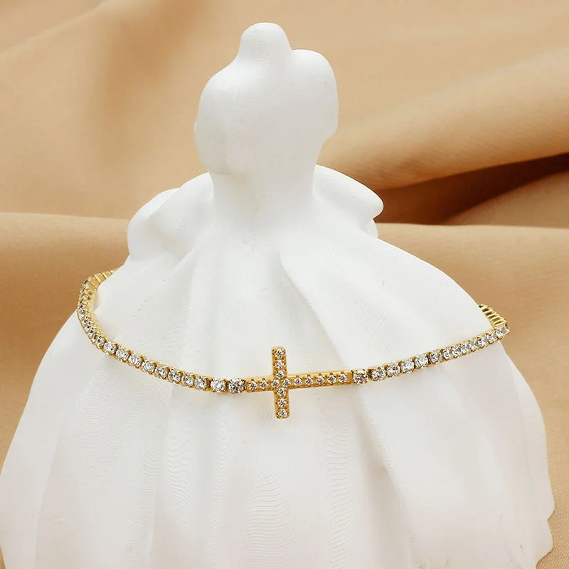 Gold Plated Cross Charm CZ Tennis Bracelet