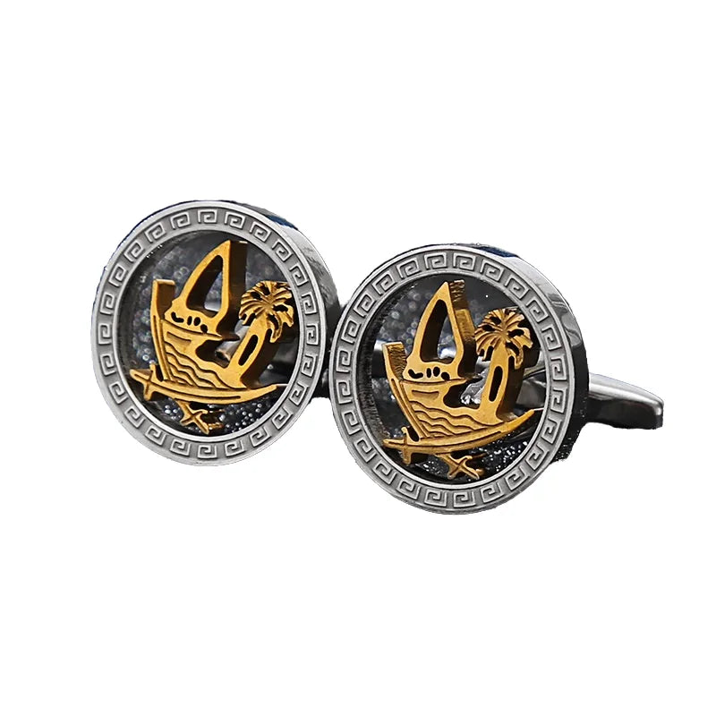 Two-Tone Steel Cufflinks with Boat and Palm Cut-Out