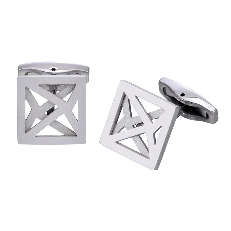 Square Geometric Openwork Polished Silver Cufflinks