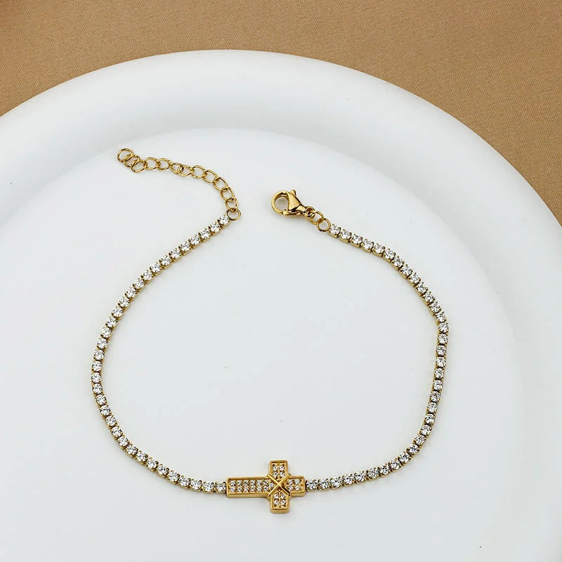 Gold Plated Cross Charm CZ Tennis Bracelet