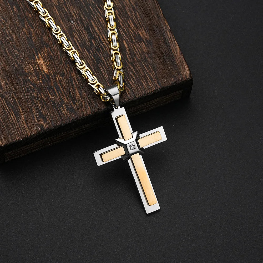 Men's Two-Tone Cross Pendant Byzantine Chain Necklace