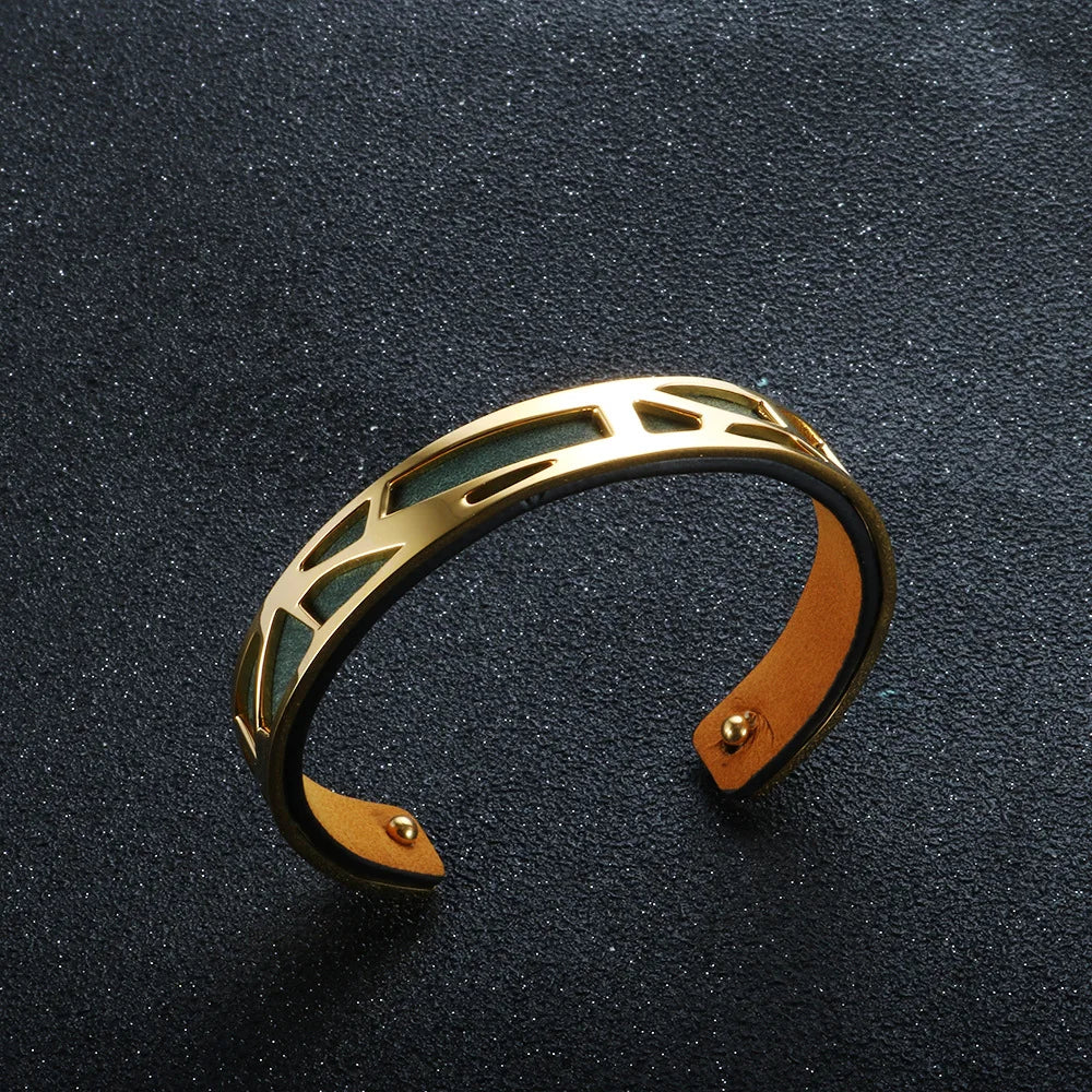 Geometric Steel Cuff Bracelet with Leather Inlay