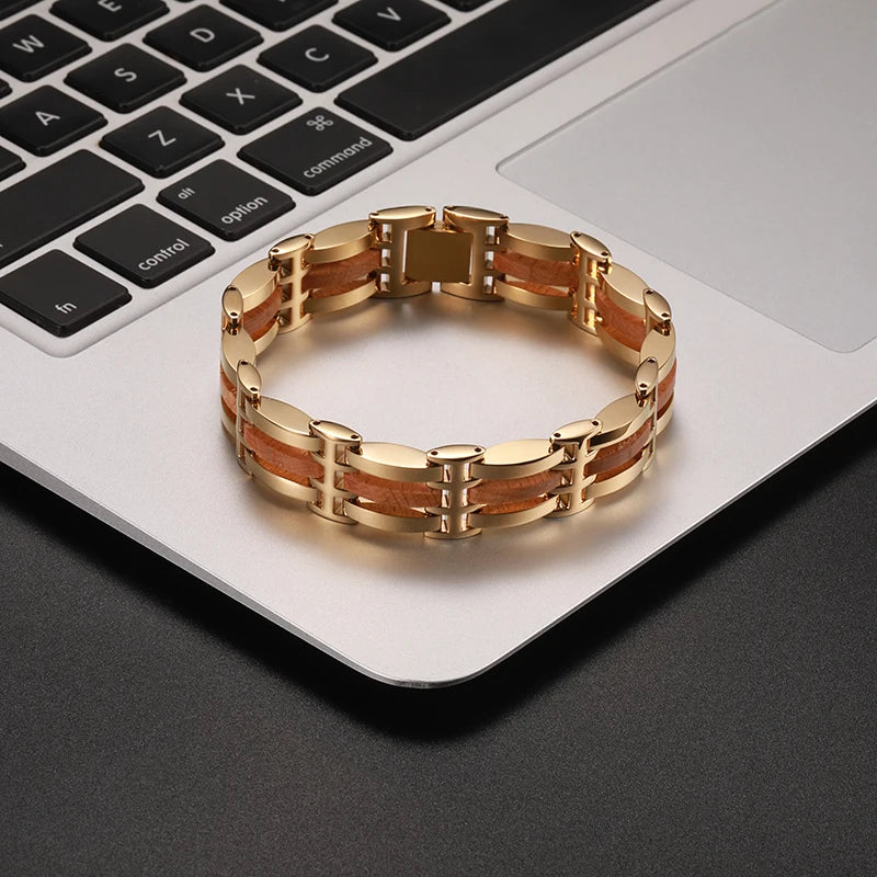 Men's Stainless Steel and Wood Link Bracelet