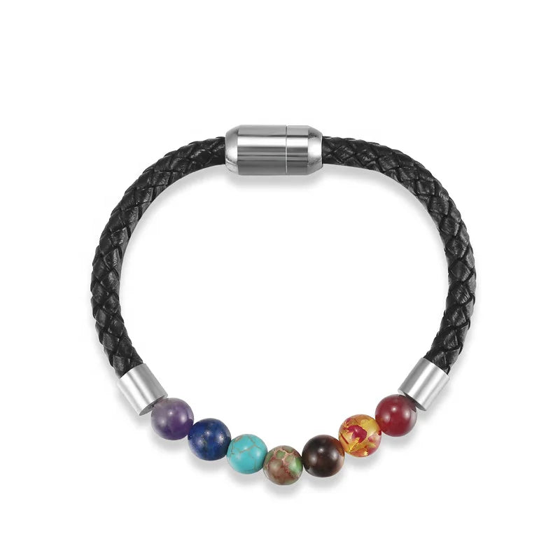 Rainbow Chakra Gemstone Beaded Braided Leather Bracelet