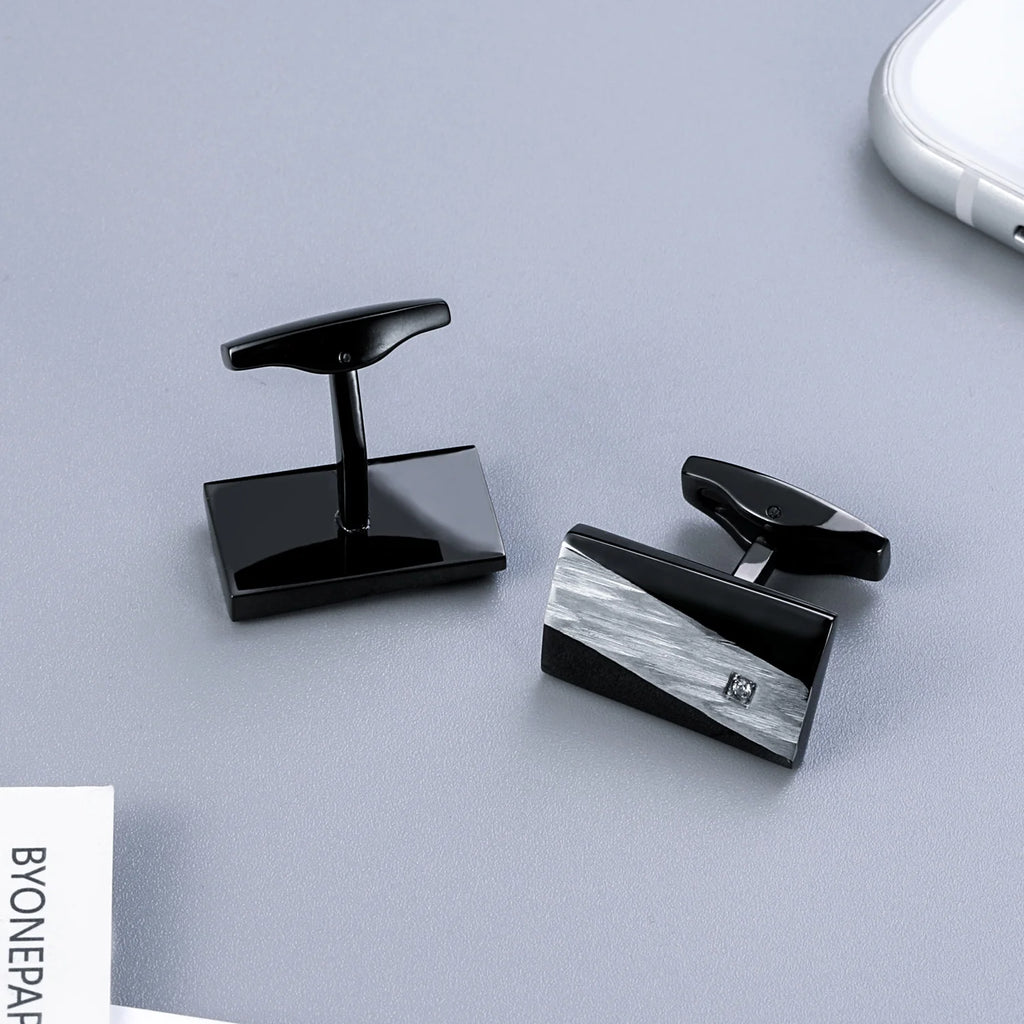 Modern Black and Silver-Tone Cufflinks and Tie Clip Set