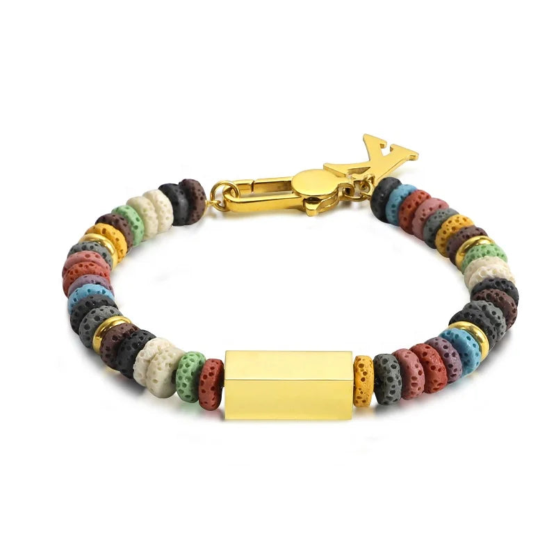 Colorful Volcanic Bead Bracelet with Custom Letter Charm