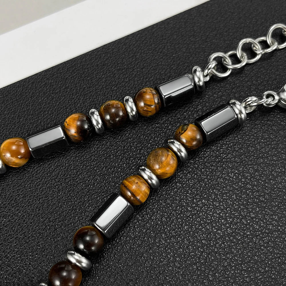 Men's Beaded Bracelet with Tiger's Eye and Stainless Steel
