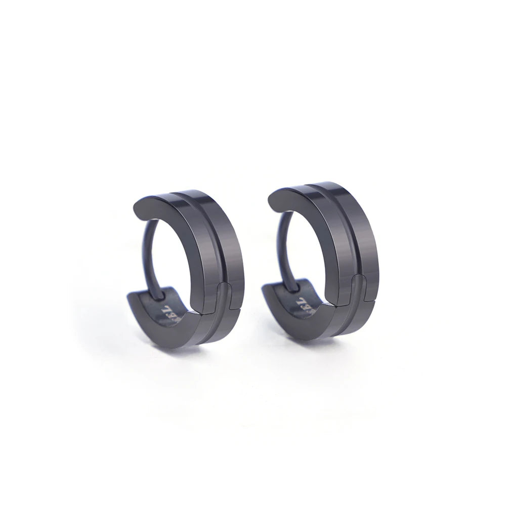 Men's Black Steel Hoop Stud Earrings