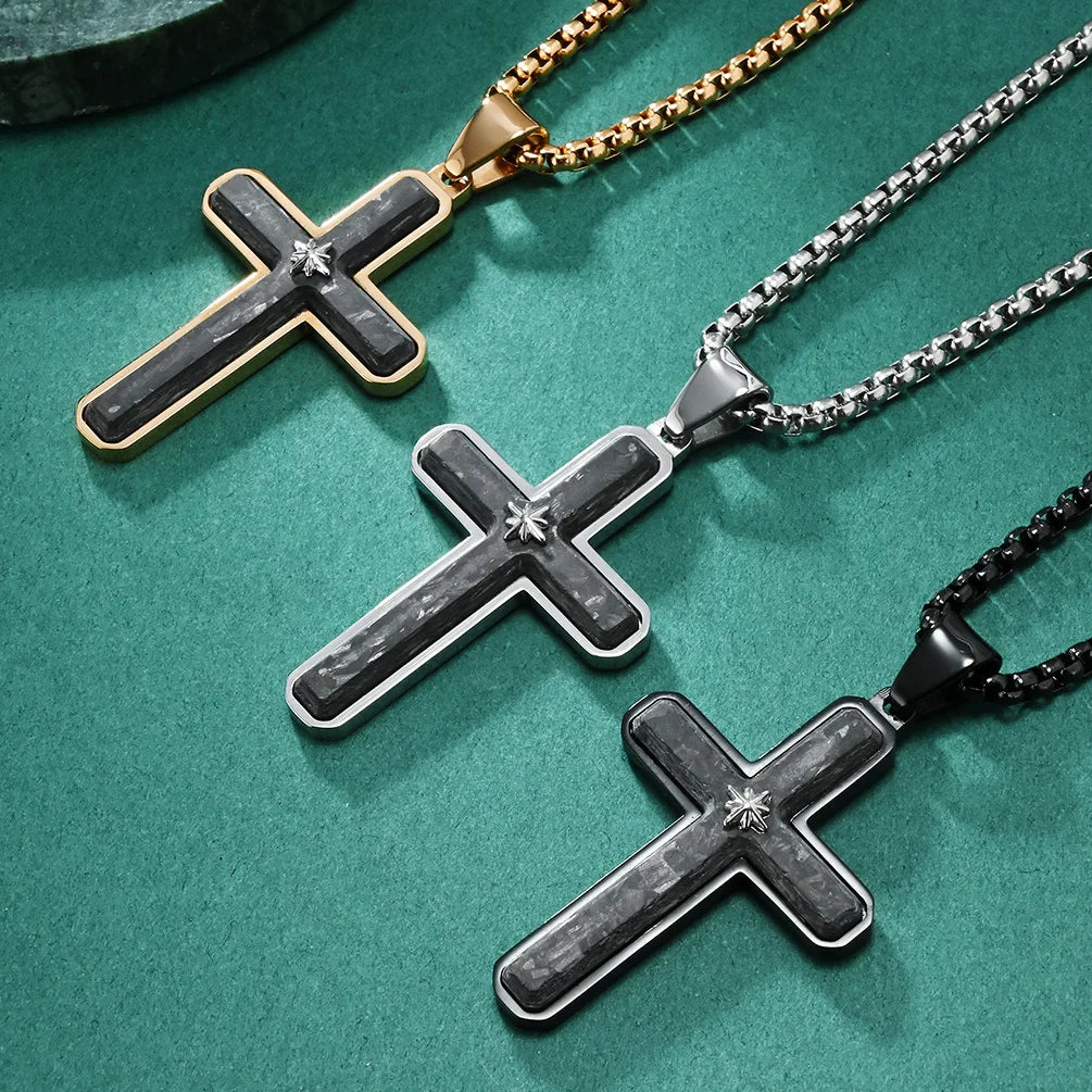 Men's Carbon Fiber Cross Pendant with Star Necklace