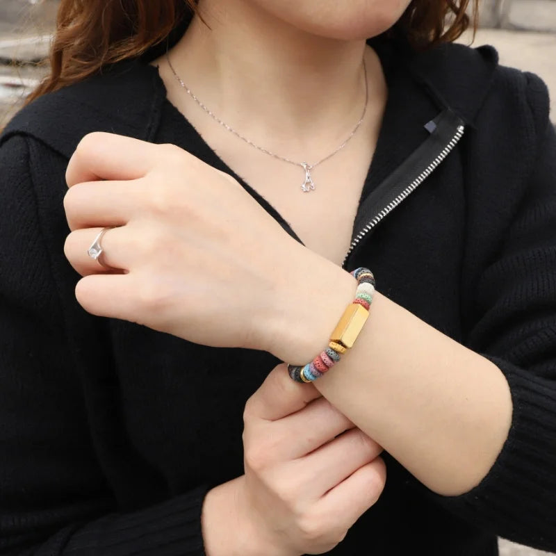 Colorful Volcanic Bead Bracelet with Custom Letter Charm