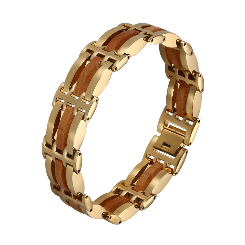 Men's Stainless Steel and Wood Link Bracelet