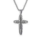 Men's Polished Cross Necklace with Engraved Cubic Zirconia