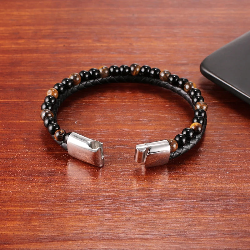 Beaded Tiger Eye Leather Bracelet