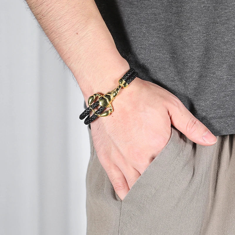 Men's Gold Scorpion Black Braided Leather Magnetic Bracelet