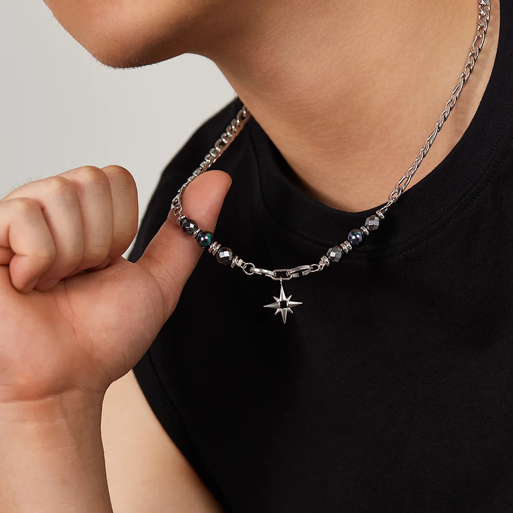 Stainless Steel Figaro Chain with Hematite Star Necklace