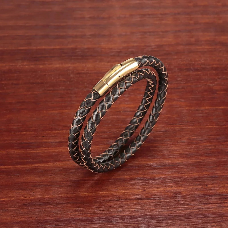 Men's Double Wrap Braided Leather Bracelet