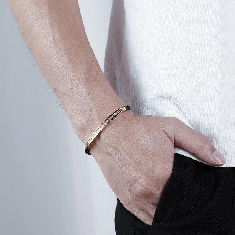 Men's Gold-Plated Braided Leather Cubic Zirconia Bracelet