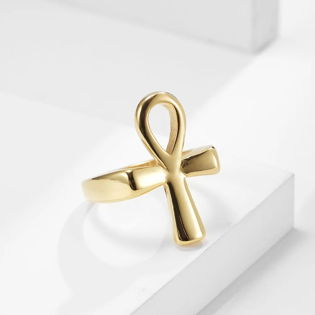 Polished Egyptian Ankh Cross Stainless Steel Ring