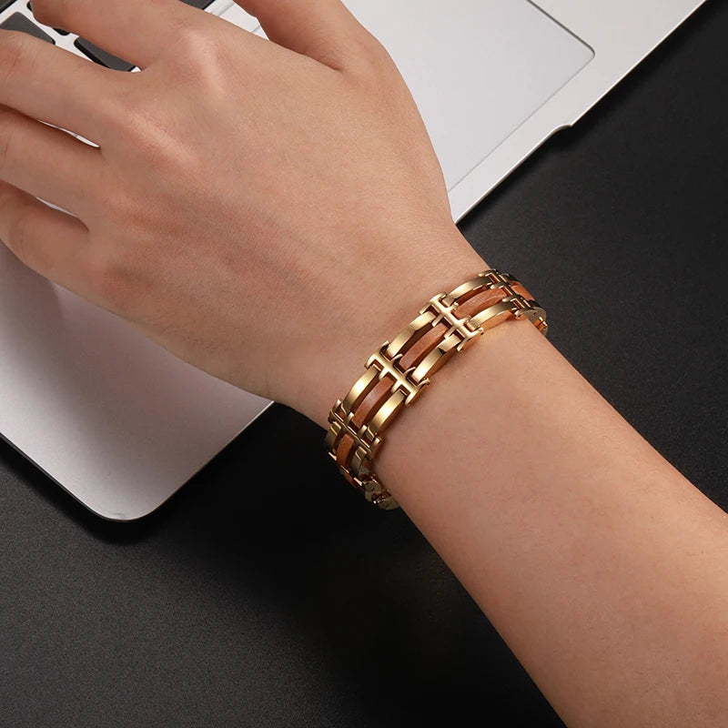 Men's Stainless Steel and Wood Link Bracelet