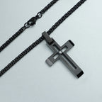 Black Plated Stainless Steel Cut-Out Cross Necklace
