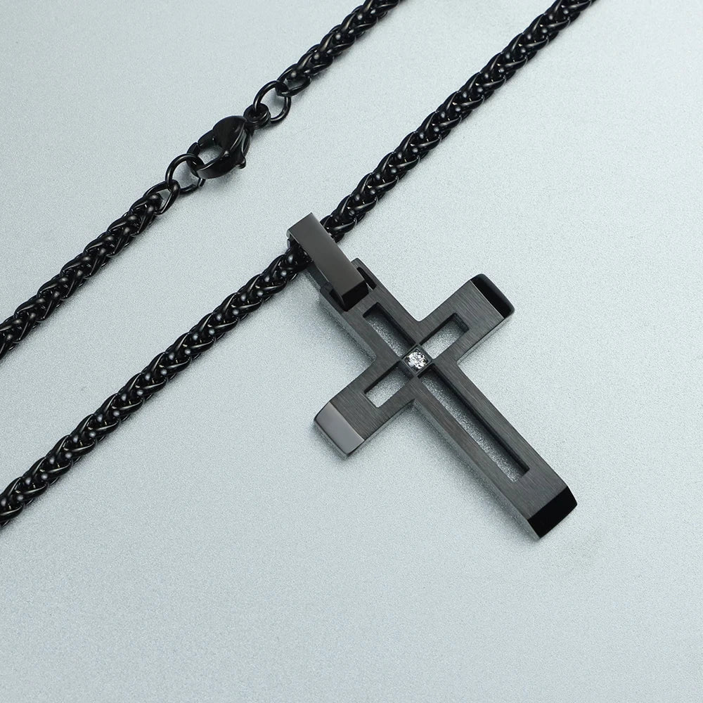 Black Plated Stainless Steel Cut-Out Cross Necklace