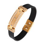 Men's Gold-Tone Stainless Steel Leather Zircon Bracelet