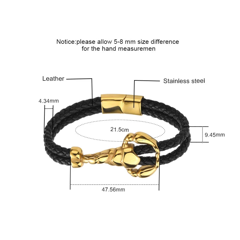 Men's Gold Scorpion Black Braided Leather Magnetic Bracelet