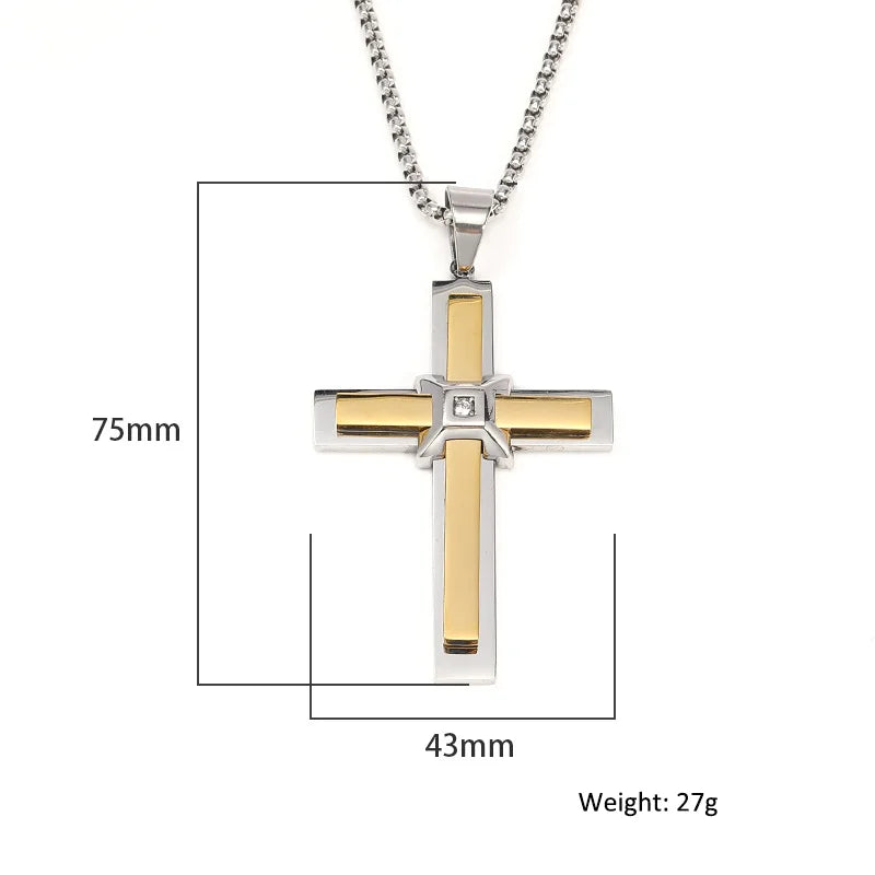 Men's Two-Tone Cross Pendant Byzantine Chain Necklace