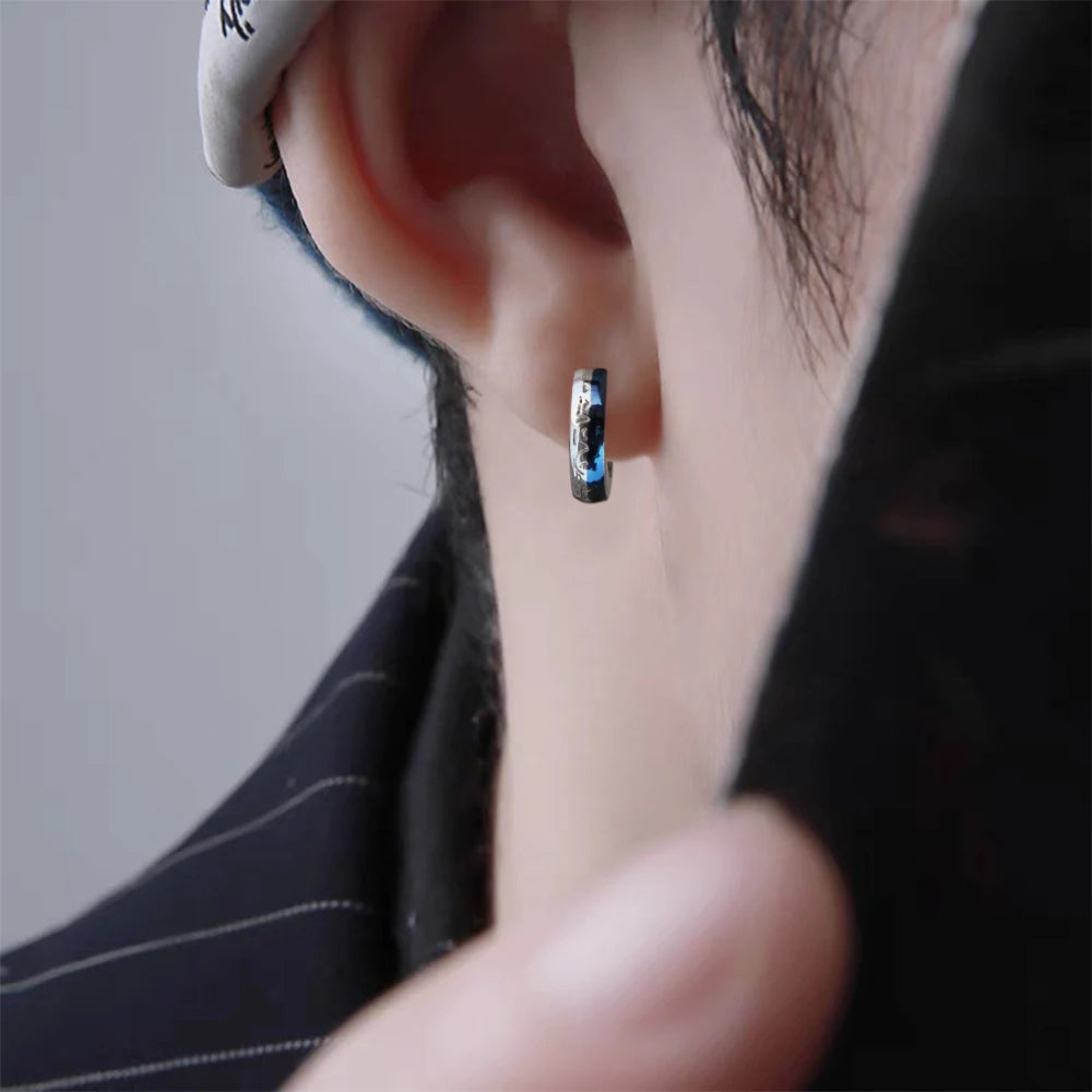 Men's Engraved Blue Inlay Huggie Hoop Earrings