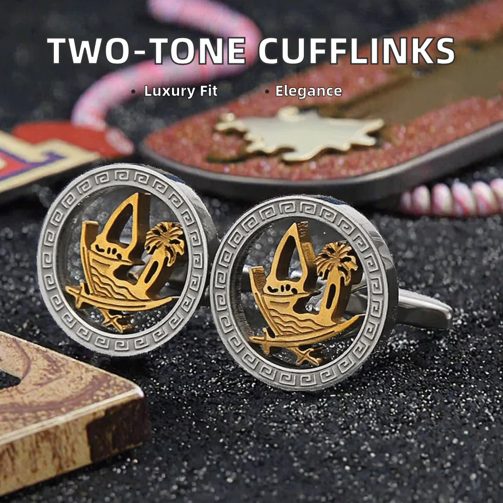 Two-Tone Steel Cufflinks with Boat and Palm Cut-Out