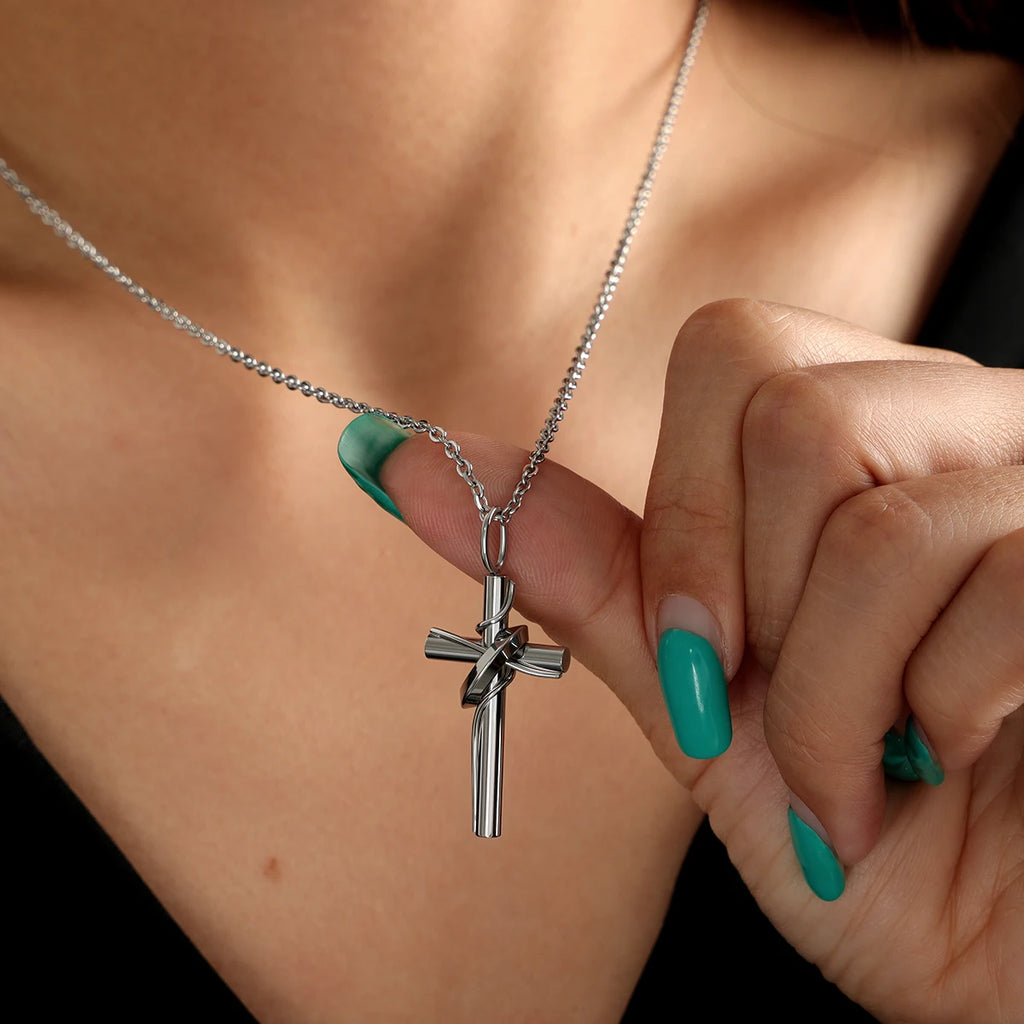 Modern Wrapped Cross Stainless Steel Pendant Necklace