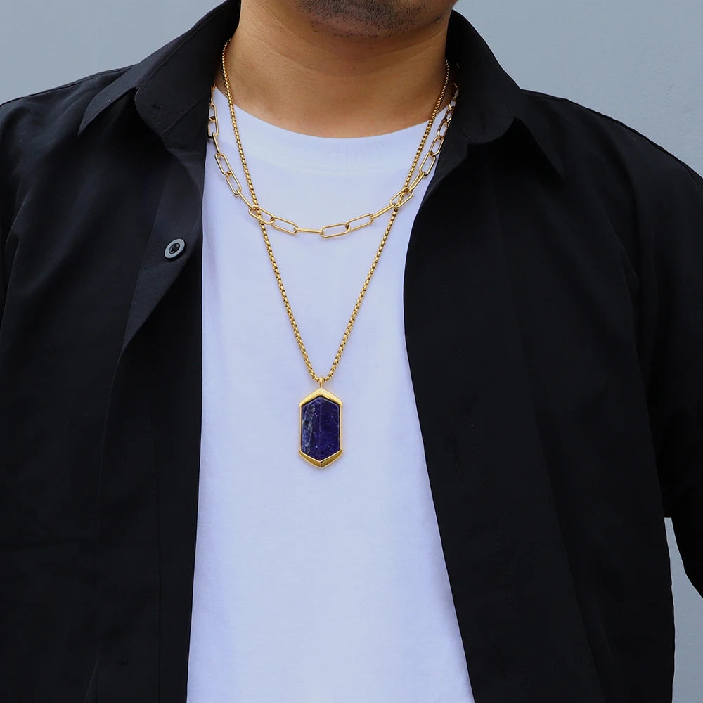 Men's Black Agate Lapis Lazuli Pendant Necklace