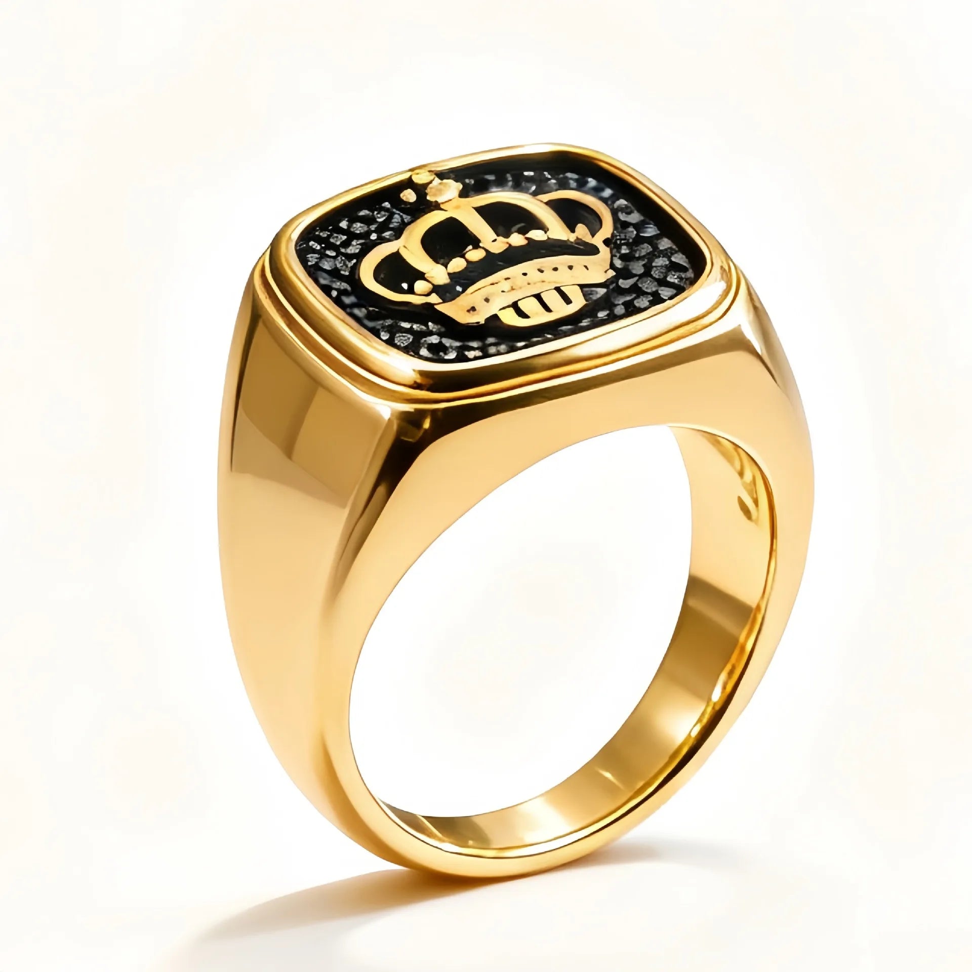 Gold-Plated Stainless Steel Engraved Crown Signet Ring