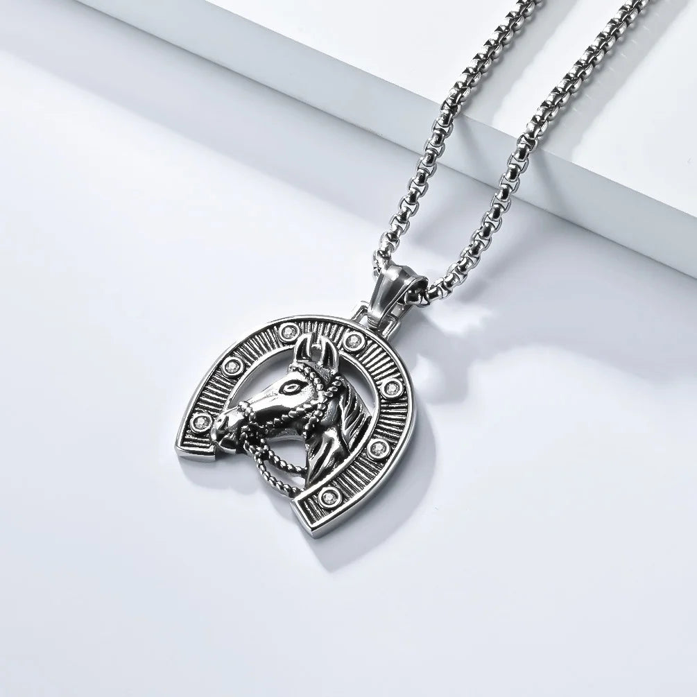 Horse Head Horseshoe Pendant Necklace with Zirconia