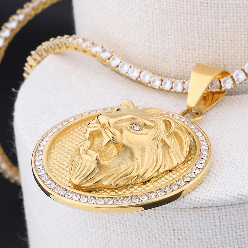 Gold Lion Head Cubic Zirconia Pendant Necklace