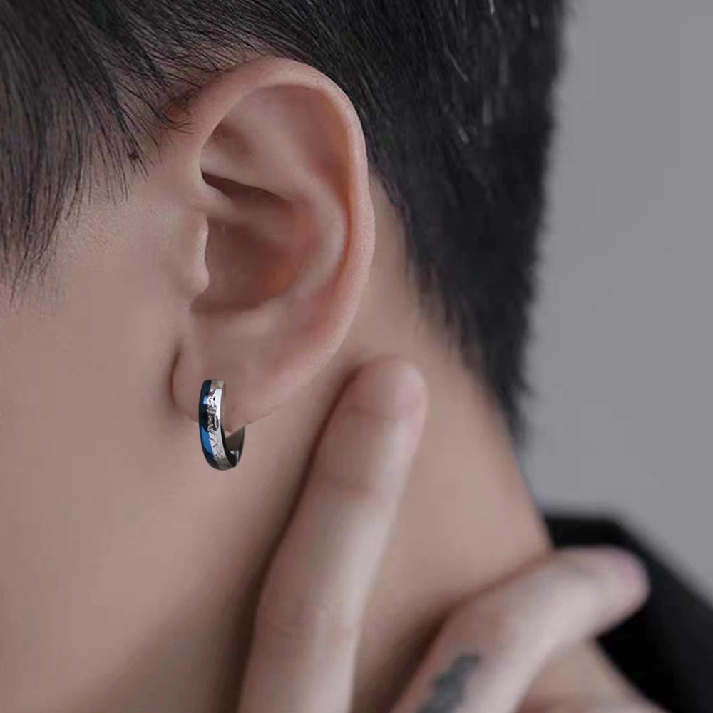 Men's Engraved Blue Inlay Huggie Hoop Earrings