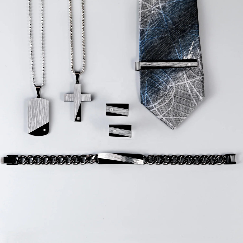 Modern Black and Silver-Tone Cufflinks and Tie Clip Set
