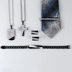 Modern Black and Silver-Tone Cufflinks and Tie Clip Set