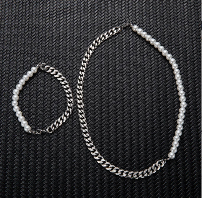 Half Pearl Half Cuban Link Chain Necklace
